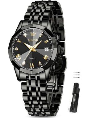 Women's Black Stainless Steel Luxury Ladies Waterproof Small Writs Diamond Watch